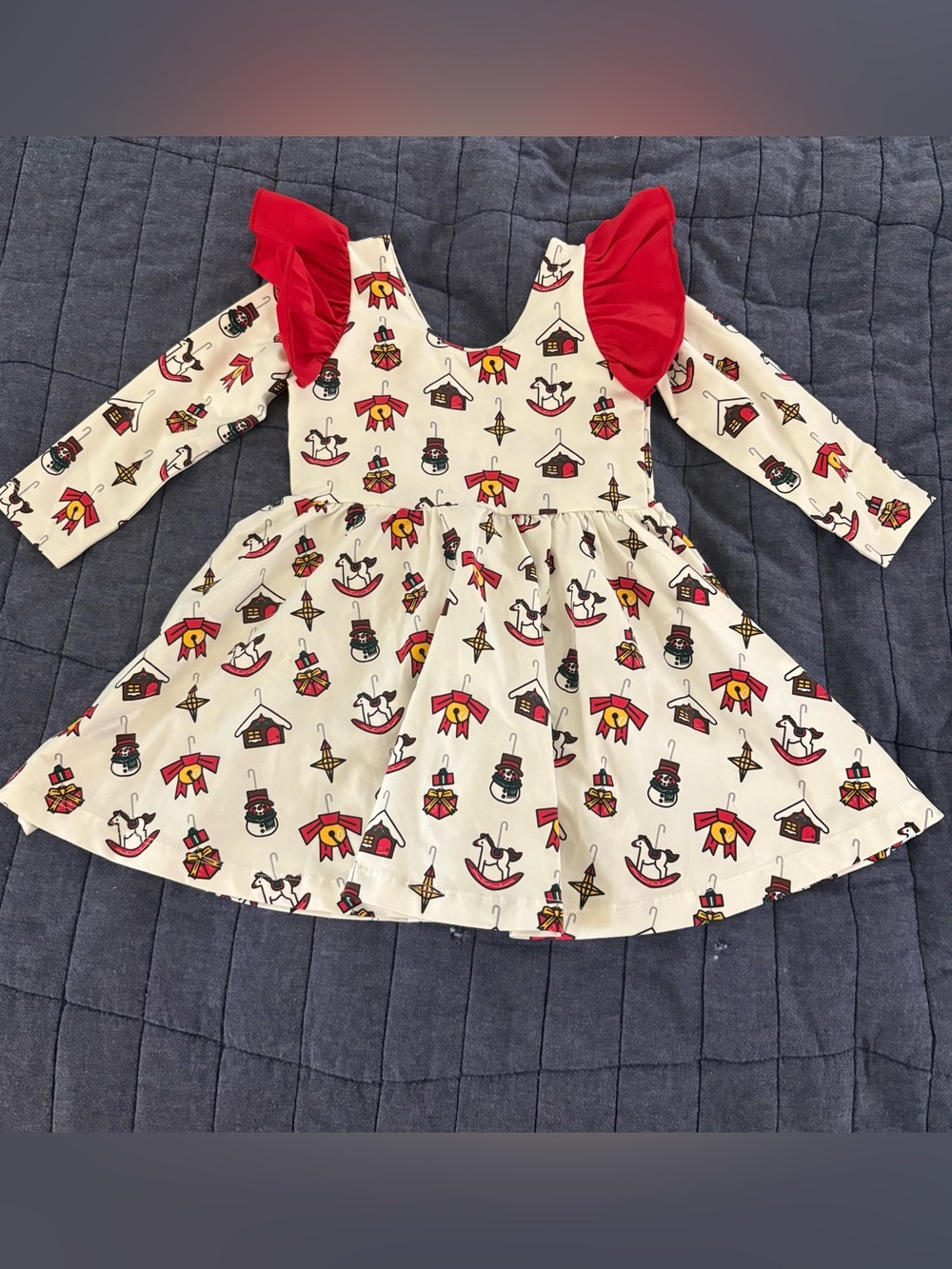 Monica + Andy AOP Christmas Ornament Dress w/ Red Ruffled Shoulders Size 2T